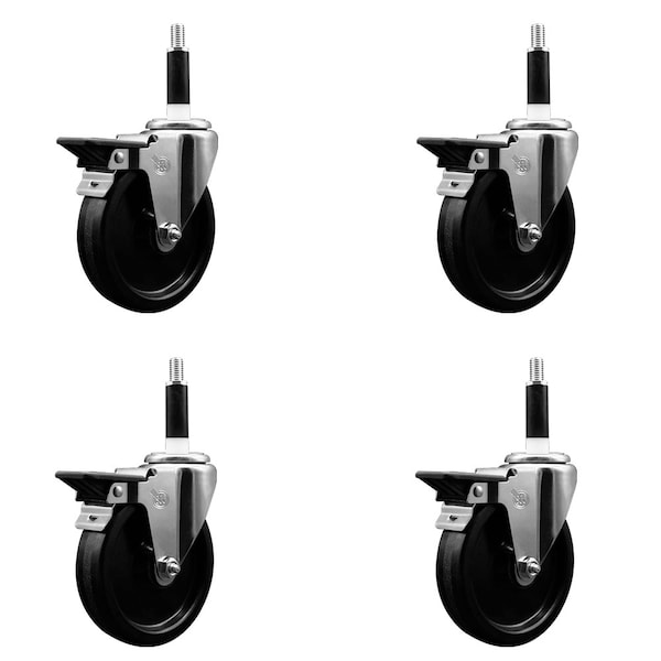 5'' Phenolic Swivel 7/8'' Expanding Stem Caster Set with Brake, 4PK